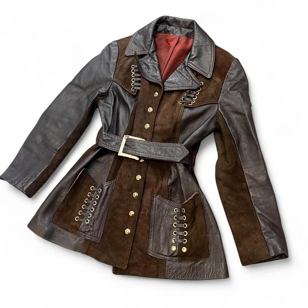 Brown Leather & Suede Lace-Up Belted Coat